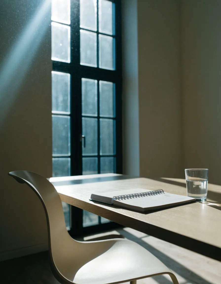 A blank notebook and a glass of water on a kitchen table before a consultation is booked