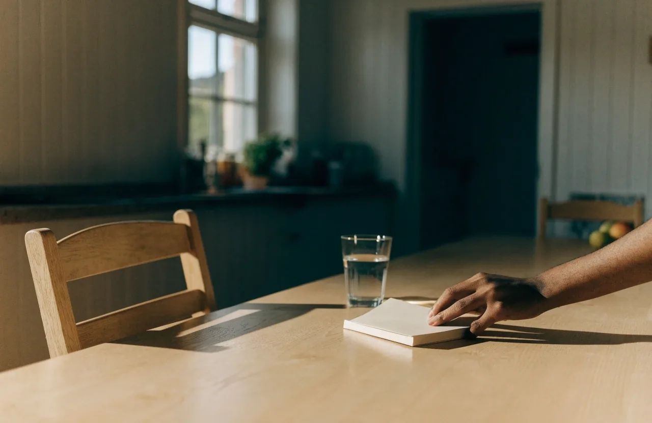 A wooden table with a glass of water and a closed notebook in morning window light, one chair pulled back